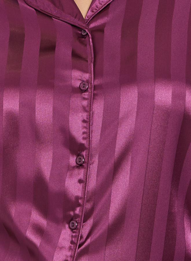Styli Plus Satin Jacquard Striped Shirt and Pyjama Set - Image 3