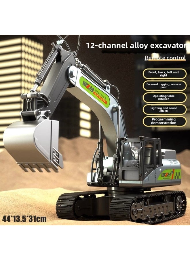 Large Children's Electric Remote Control Excavator Engineering Vehicle Alloy Bucket Excavator Boy Toy Dump Truck Cross Border-Color:Gray-12-way [color Box] Alloy Bucket-Scale:[top Configuration] Three Sets Of Rechargeable Batteries  - Image 1