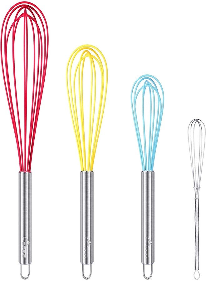 HOTEC 4 Pieces Silicone Whisks Set, Wire Balloon Whisks Egg Beater, Non-slip Handle Whisk for Non-stick Cookware Perfect for Cooking, Stirring, Beating and Blending (Multicolor) - Image 1