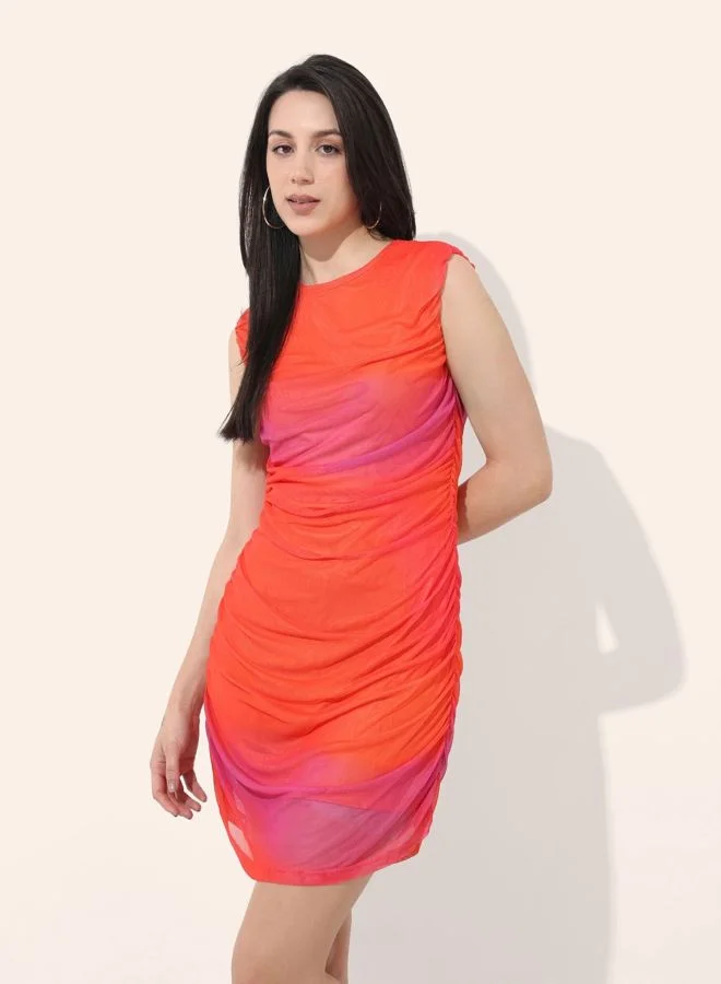 Women Regular Fit Abstract Printed Round Neck Sleeveless Gathered Dress