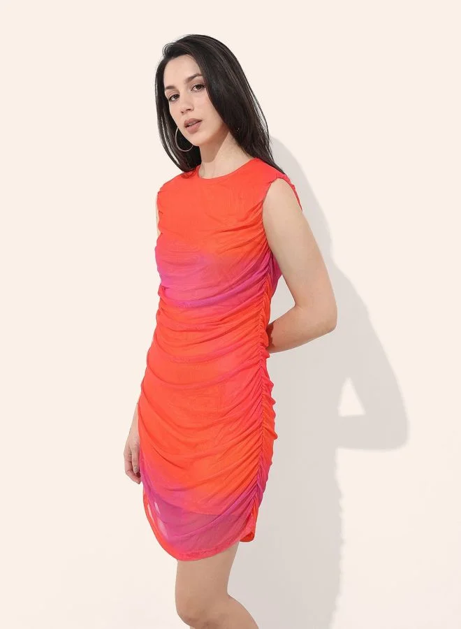 Freehand  Women Regular Fit Abstract Printed Round Neck Sleeveless Gathered Dress for Women | Best Price UAE