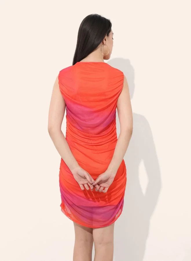 Freehand  Women Regular Fit Abstract Printed Round Neck Sleeveless Gathered Dress for Women | Best Price UAE