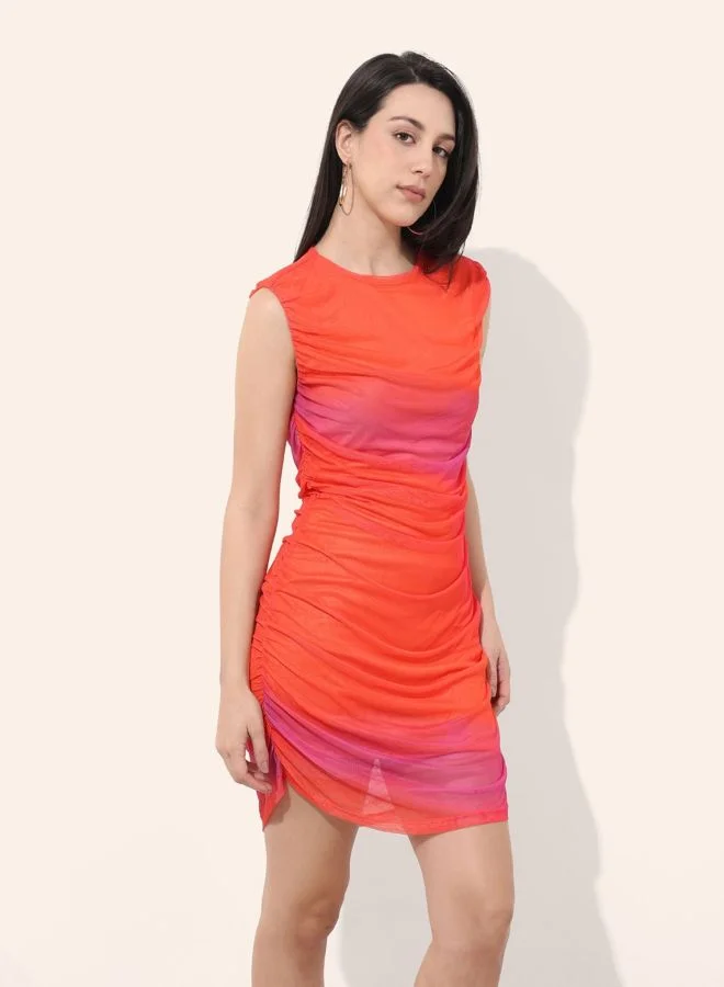 Freehand  Women Regular Fit Abstract Printed Round Neck Sleeveless Gathered Dress for Women | Best Price UAE