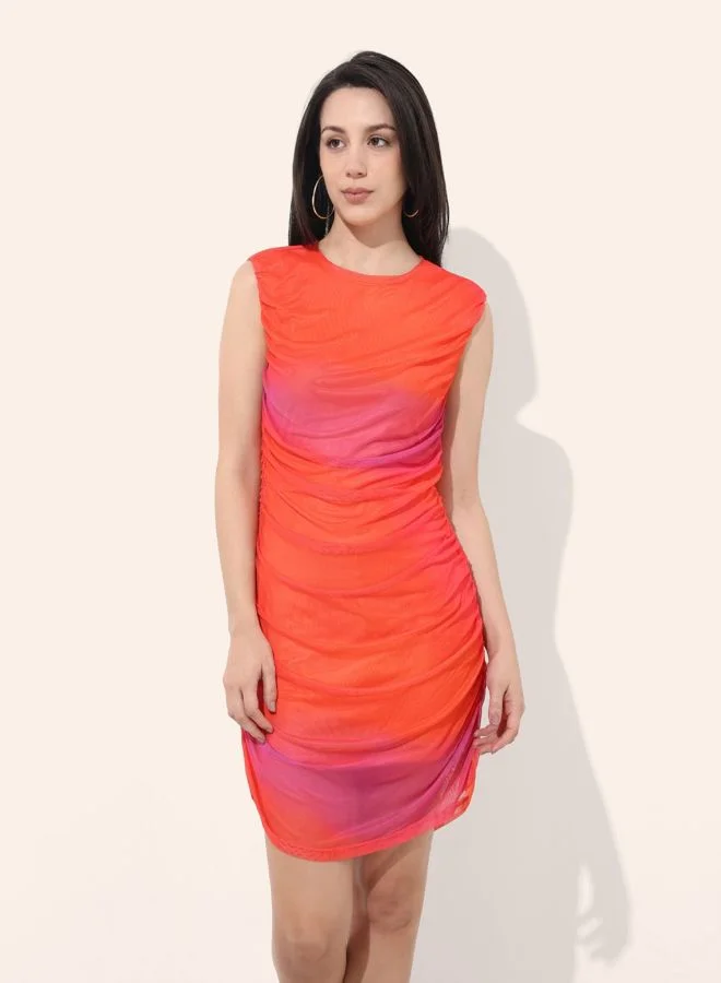 Freehand  Women Regular Fit Abstract Printed Round Neck Sleeveless Gathered Dress for Women | Best Price UAE