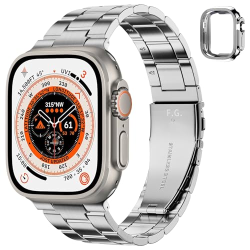 Fullmosa No Tools Needed Compatible Apple Watch Strap 49mm with Case [Watch NOT Included],Slim Metal Link Wristband with Case for iWatch Ultra3/2/1,Silver - Image 1