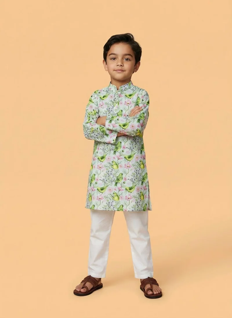 نوتيناتي Nautinati Boys' 100% Cotton Festive Resort Style Tropical Print Kurta & Pyjama Set