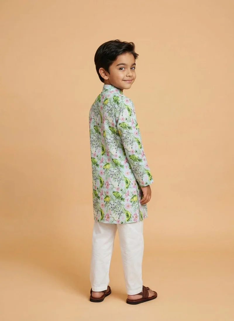 نوتيناتي Nautinati Boys' 100% Cotton Festive Resort Style Tropical Print Kurta & Pyjama Set