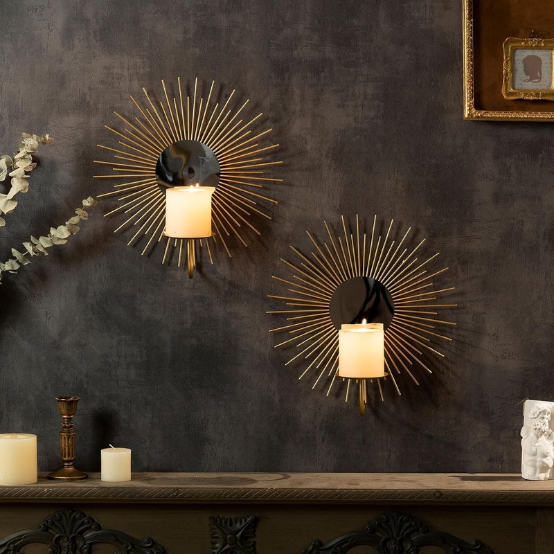 AIM & GGKK Wall Candle Sconce Holder,Set of 2 Mirror Wall Mounted Metal Candle Holder for Home,Living Room, Dining Room,Rustic Farmhouse Boho Decorations - Image 1