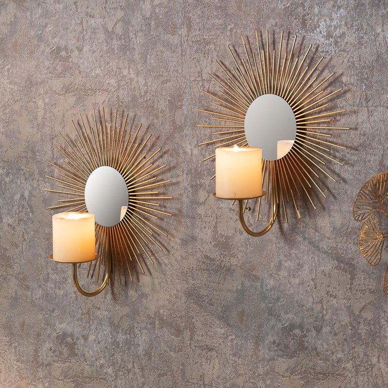 AIM & GGKK Wall Candle Sconce Holder,Set of 2 Mirror Wall Mounted Metal Candle Holder for Home,Living Room, Dining Room,Rustic Farmhouse Boho Decorations - Image 5