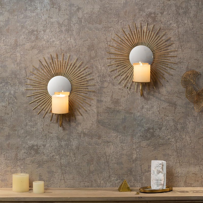 AIM & GGKK Wall Candle Sconce Holder,Set of 2 Mirror Wall Mounted Metal Candle Holder for Home,Living Room, Dining Room,Rustic Farmhouse Boho Decorations - Image 3