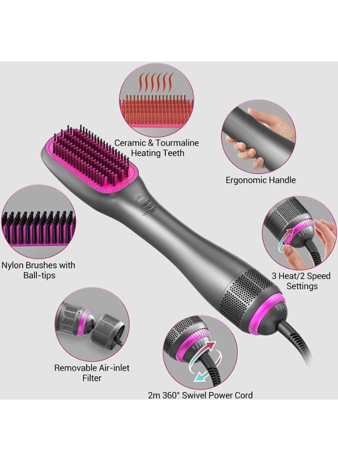 Eworld 3-in-1 Hair Dryer Brush and Straightener, 1200W Professional Ceramic Tourmaline Hot Air Brush with Ionic Technology, 3 Heat & 2 Speed Settings, One-Step Dryer & Styler for All Hair Types, Grey - Image 4