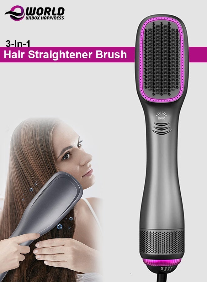 3-in-1 Hair Dryer Brush and Straightener, 1200W Professional Ceramic Tourmaline Hot Air Brush with Ionic Technology, 3 Heat & 2 Speed Settings, One-Step Dryer & Styler for All Hair Types, Grey