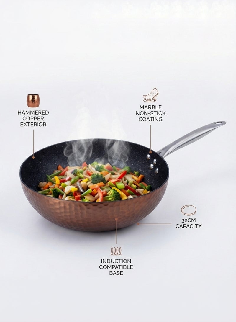 Wilson Aluminium Copper Hammered Wok with Induction Bottom & Marble Non-Stick Coating, 32cm – Deep Frying Pan for Stir-Frying, Sautéing & Everyday Cooking - Image 3