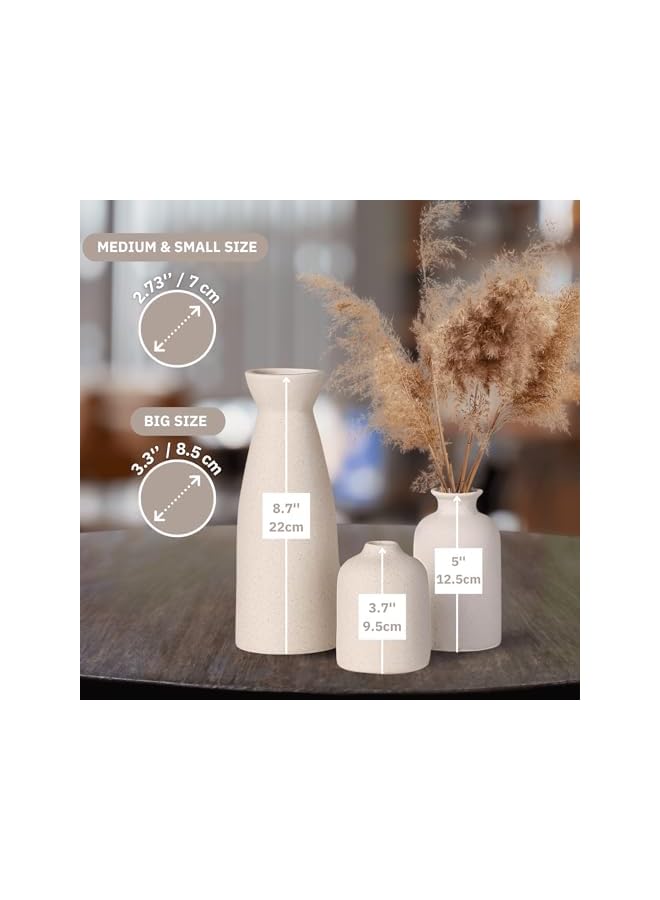 The Bros Flower Vase Set of 3 Size - Small Beige Ceramic Vases in Various Forms - Flower Vase for Pampas Grass, Dried Flowers - Decoration Items for Living Room, Table, Shelf - Image 5