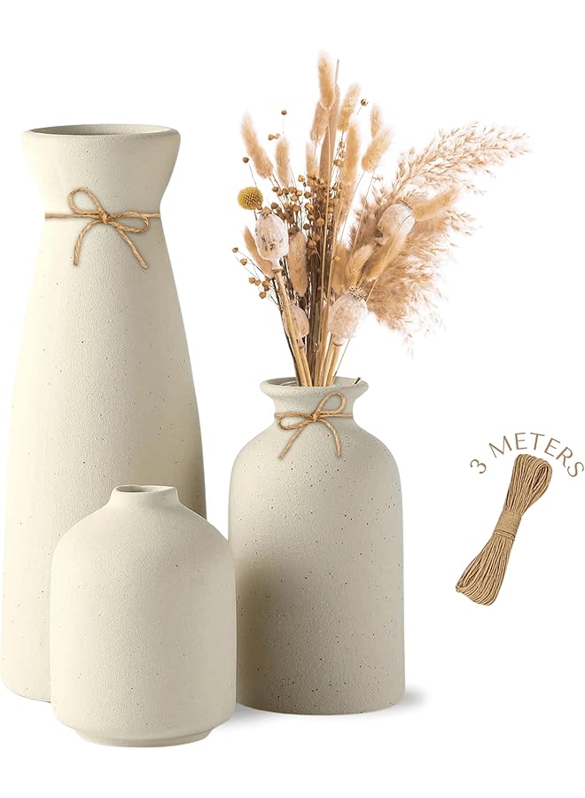 The Bros Flower Vase Set of 3 Size - Small Beige Ceramic Vases in Various Forms - Flower Vase for Pampas Grass, Dried Flowers - Decoration Items for Living Room, Table, Shelf - Image 1