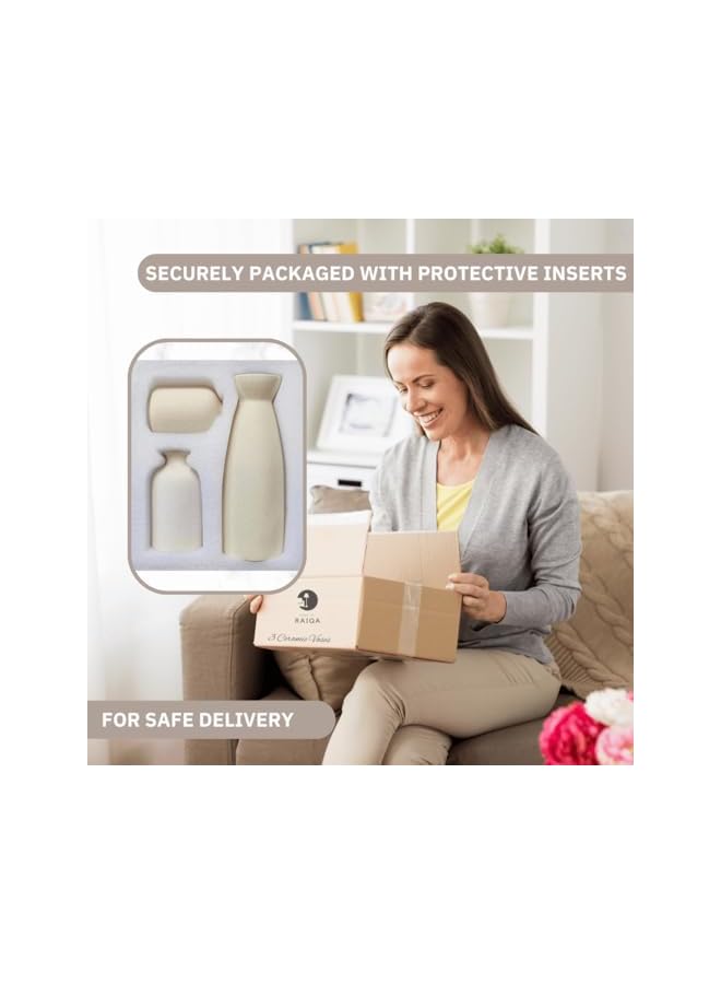 The Bros Flower Vase Set of 3 Size - Small Beige Ceramic Vases in Various Forms - Flower Vase for Pampas Grass, Dried Flowers - Decoration Items for Living Room, Table, Shelf - Image 2