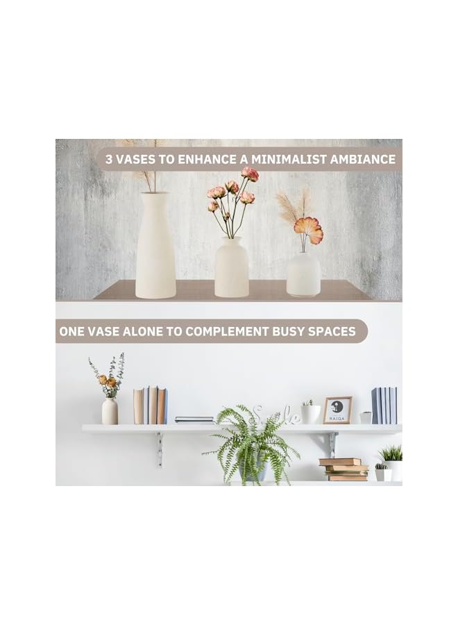 The Bros Flower Vase Set of 3 Size - Small Beige Ceramic Vases in Various Forms - Flower Vase for Pampas Grass, Dried Flowers - Decoration Items for Living Room, Table, Shelf - Image 4