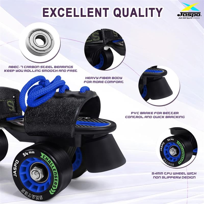 jaspo Challengers Adjustable Roller Skates For Kids (Ages 6-14) | Beginner Quad Skates With Fibre Body & 61Mm 85A TPU Wheels | Outdoor Indoor Skating Shoes For Boys & Girls | Foot Size UK-1 To 8, Blue - Image 2