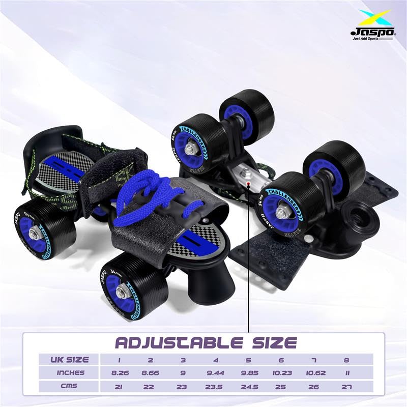 jaspo Challengers Adjustable Roller Skates For Kids (Ages 6-14) | Beginner Quad Skates With Fibre Body & 61Mm 85A TPU Wheels | Outdoor Indoor Skating Shoes For Boys & Girls | Foot Size UK-1 To 8, Blue - Image 3