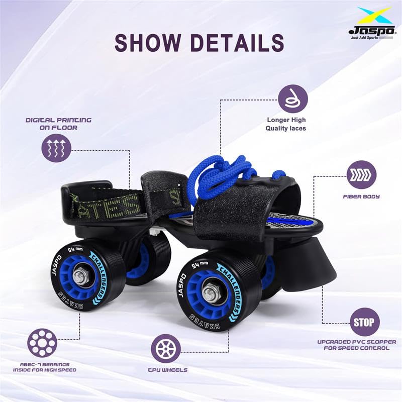 jaspo Challengers Adjustable Roller Skates For Kids (Ages 6-14) | Beginner Quad Skates With Fibre Body & 61Mm 85A TPU Wheels | Outdoor Indoor Skating Shoes For Boys & Girls | Foot Size UK-1 To 8, Blue - Image 5