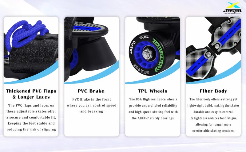 jaspo Challengers Adjustable Roller Skates For Kids (Ages 6-14) | Beginner Quad Skates With Fibre Body & 61Mm 85A TPU Wheels | Outdoor Indoor Skating Shoes For Boys & Girls | Foot Size UK-1 To 8, Blue - Image 4