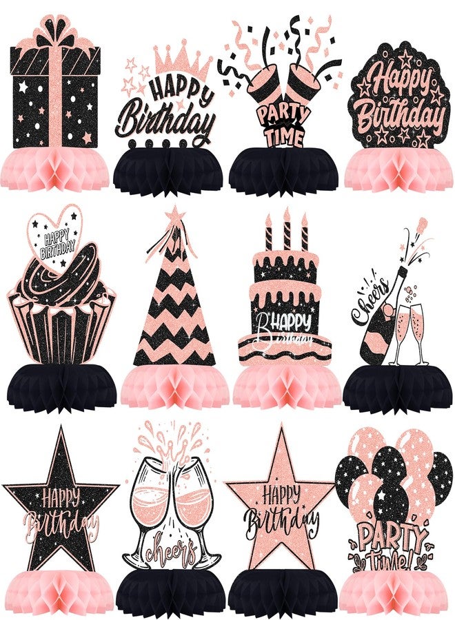 Celee Black and Pink Birthday Decorations - 12Pcs Honeycomb Table Centerpieces for Women or Girls, Elegant Pink Black Party Table Toppers for Birthday Celebration - Image 1