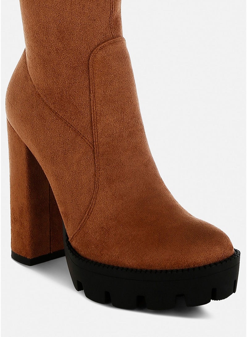 London Rag Tan High Block Heeled Faux Suede Long Boots - Image 2