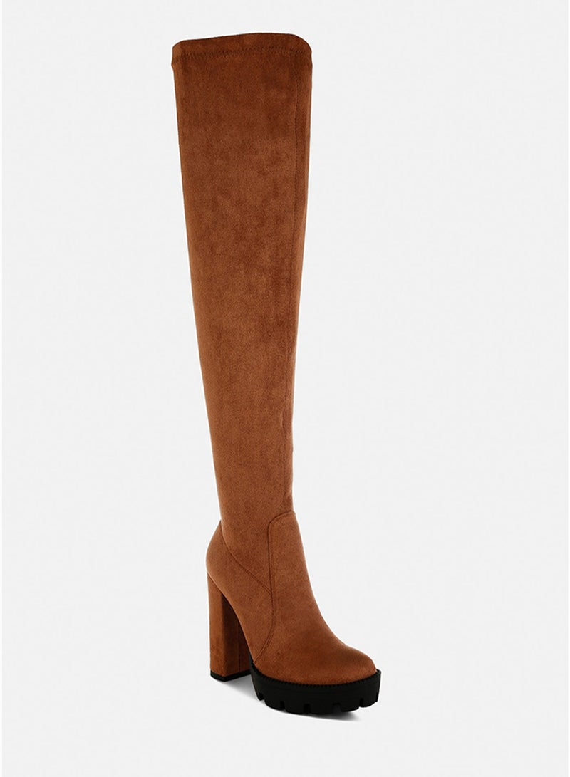 London Rag Tan High Block Heeled Faux Suede Long Boots - Image 1