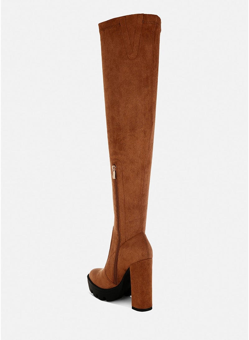 London Rag Tan High Block Heeled Faux Suede Long Boots - Image 4