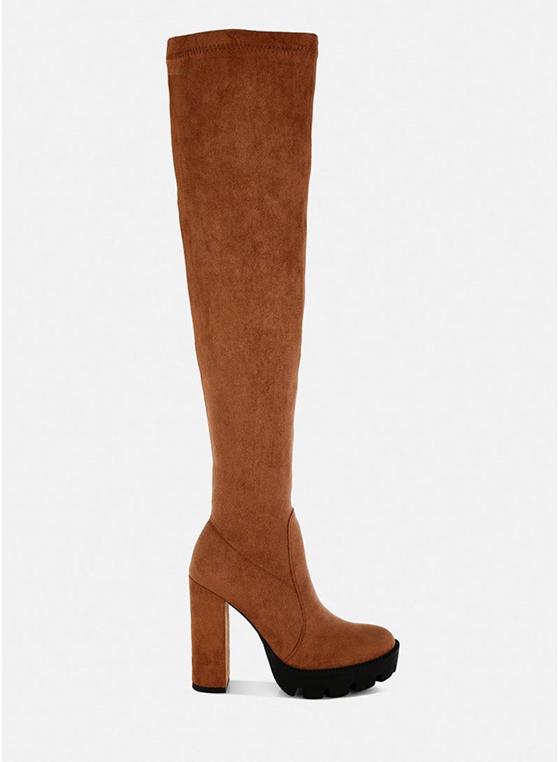 London Rag Tan High Block Heeled Faux Suede Long Boots - Image 5