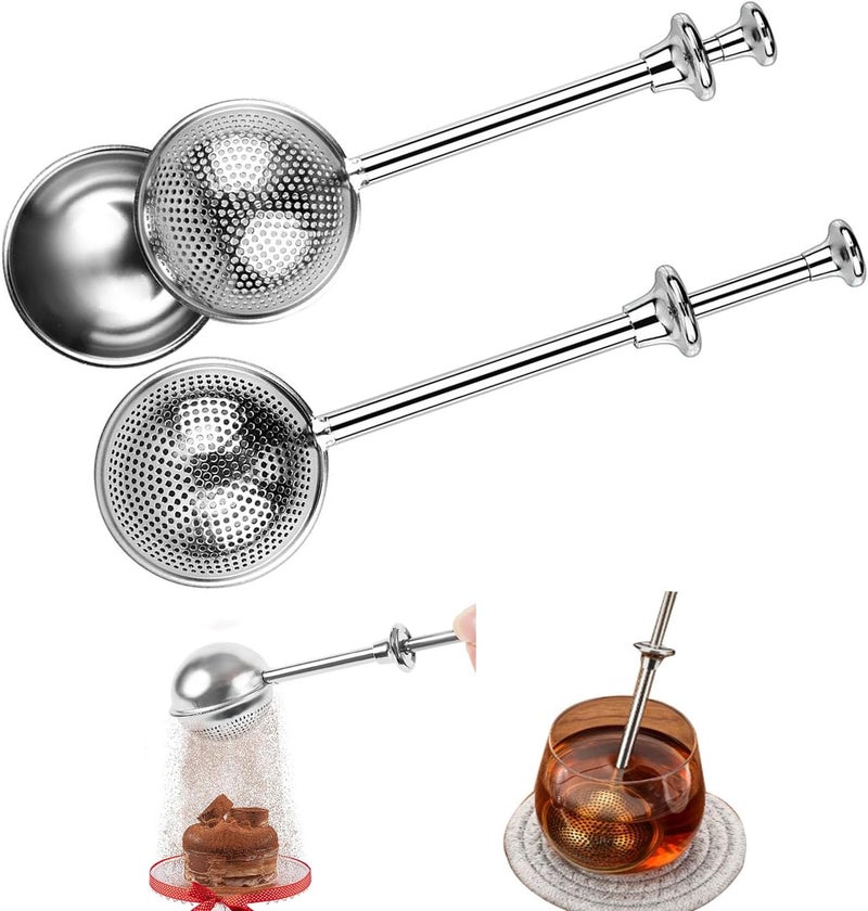 PERLLENT 2pcs Stainless Steel Loose Tea Leaf Steeper&Sugar Shaker Duster Sifter 2 in 1, tea ball for loose leaf tea,tea strainers One-Hand Operated Spring-Loaded - Image 1