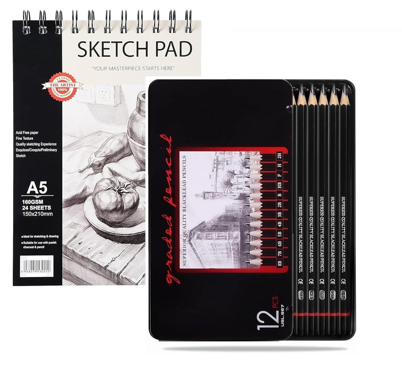 53 Arts 53 ArtsDrawing & Sketching Pencil Set of 12 (8B-2H) with A5 Sketch Book | 24 Sheets, 160 GSM | Professional Graphite Pencils for Artists, Students  - Image 1