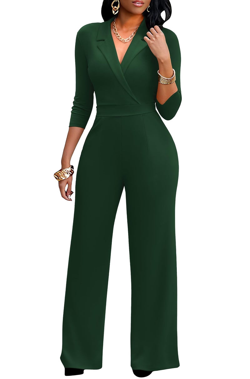 FANDEE Formal Jumpsuits for Women, High Waist Wide Leg Pant Dressy 3/4 Sleeve V Neck One Piece Rompers with Pockets Green 2XL - Image 1