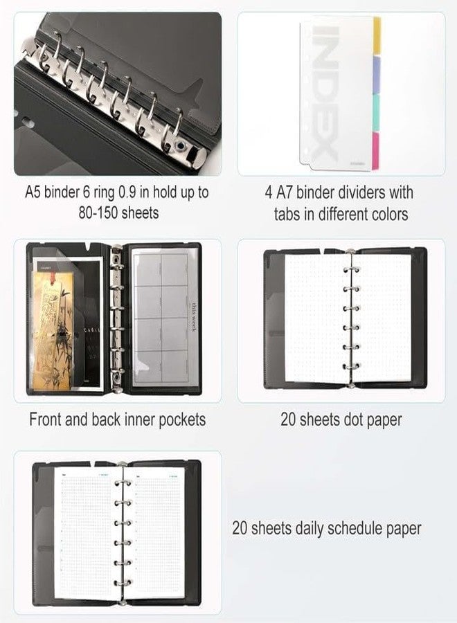CAGIE A5 Binder 6 Ring Notebook with Dividers Refillable Planner Binder with Pockets, Refill Paper Include Planning Square Ruled and Dotted Pages, 6.89 x 9.25 In, (Grey, A5 Daily¨ Page) - Image 4