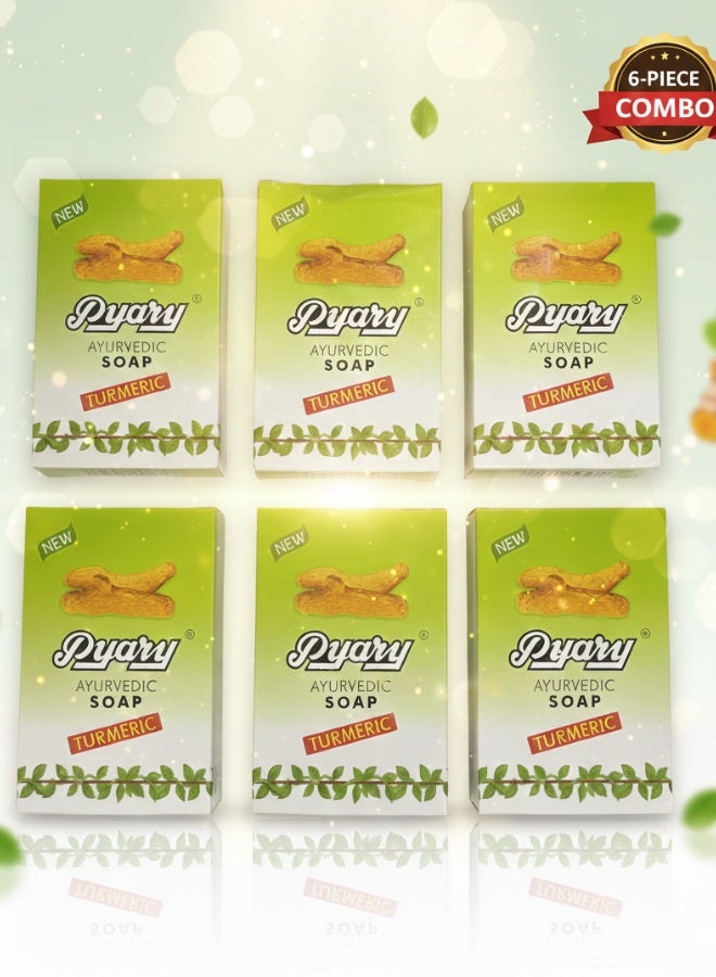 Pyary Ayurvedic Turmeric Soap Bars Pack 6 Natural Herbal Skin Cleansing Brightening Antibacterial 75 g Each - Image 1