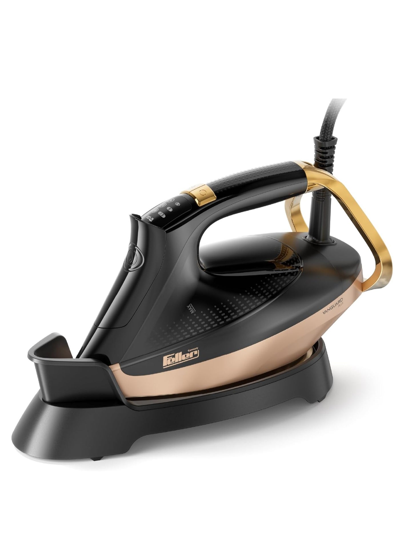 Feller Germany Vanguard Plus Steam Iron 3000W,Grab-to-Steam Technology,Prime Gold Ceramic 2x Sole Plate+Anti Calc,Anti Drip,Auto Shut Off,Display,Turbo Steam, SI300 (Gold)