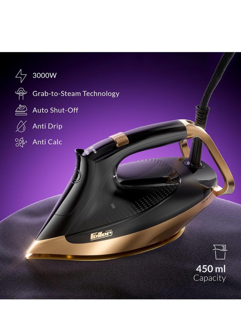 Feller Germany Vanguard Plus Steam Iron 3000W,Grab-to-Steam Technology,Prime Gold Ceramic 2x Sole Plate+Anti Calc,Anti Drip,Auto Shut Off,Display,Turbo Steam, SI300 (Gold) - Image 2