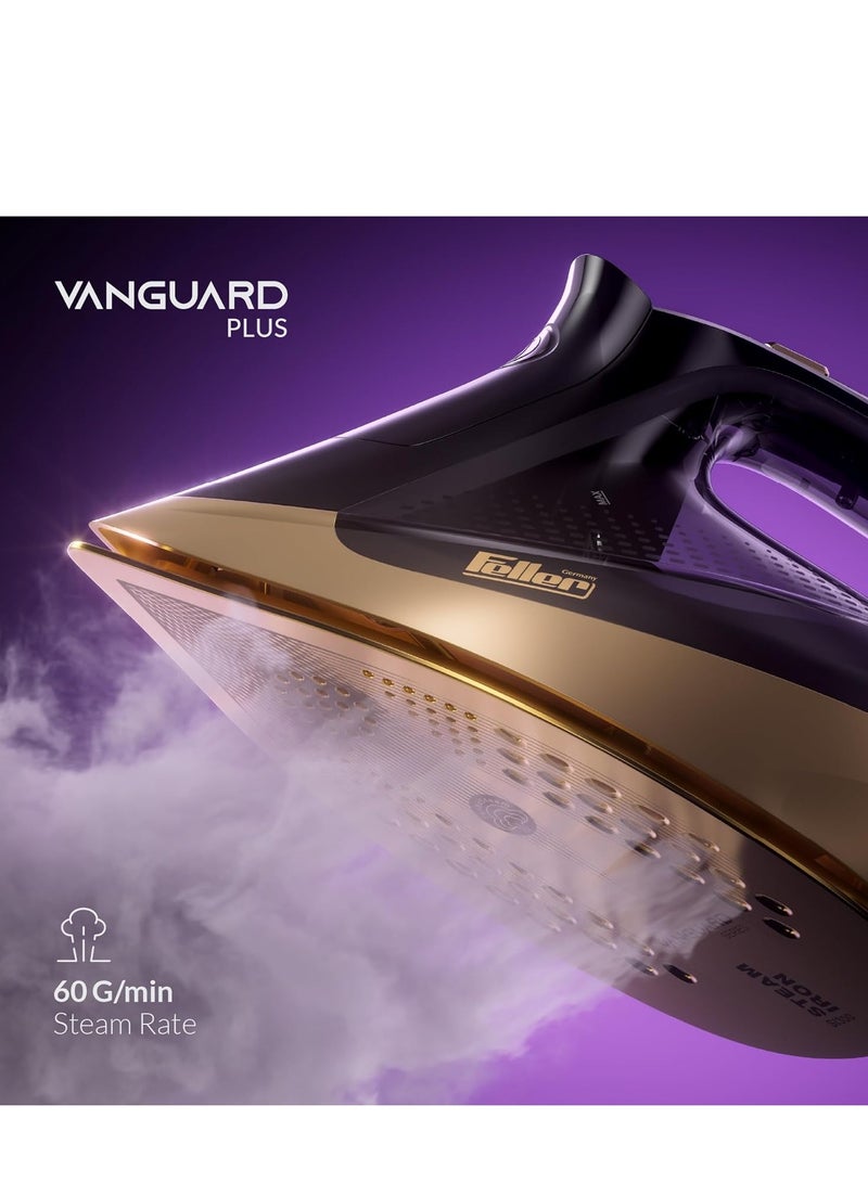 Feller Germany Vanguard Plus Steam Iron 3000W,Grab-to-Steam Technology,Prime Gold Ceramic 2x Sole Plate+Anti Calc,Anti Drip,Auto Shut Off,Display,Turbo Steam, SI300 (Gold) - Image 4