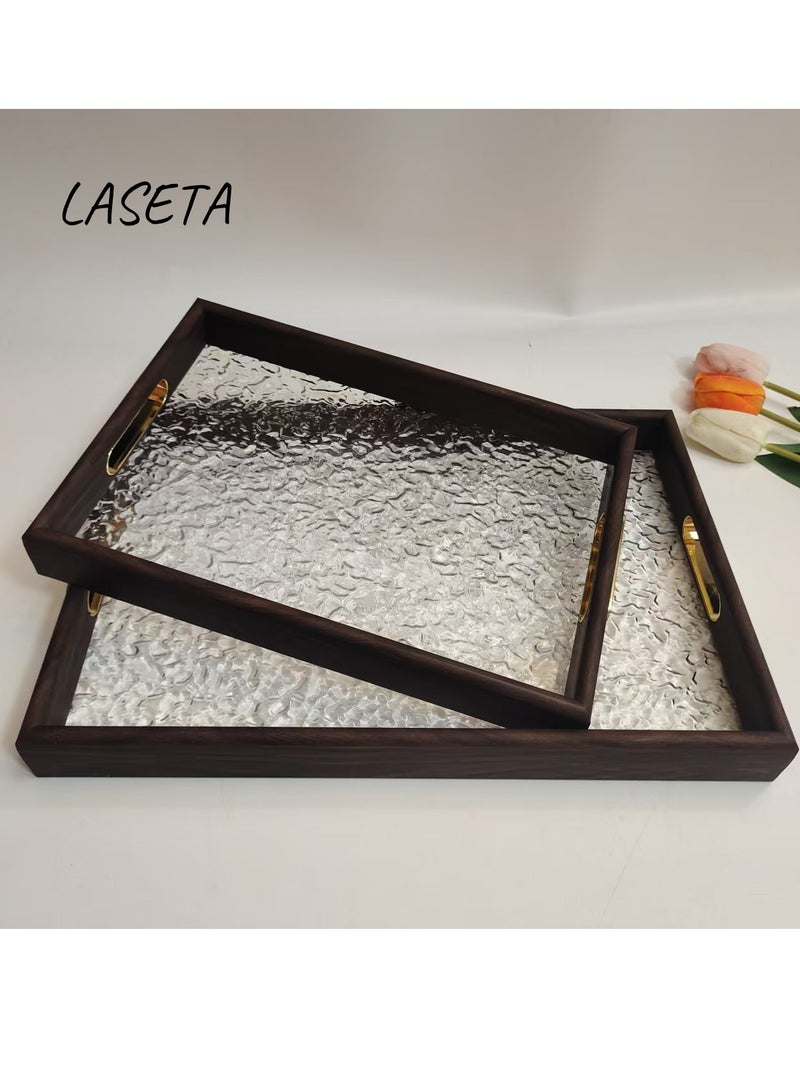 Laseta 2PCS Acrylic Tray with Bamboo Handles, Decorative Serving Tray for Coffee Table, Tea, 2torage Rectangular