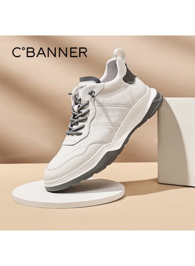 C.banner First Layer Cowhide Large Size Men's White Soft Leather Versatile High-top Sports Casual Sneakers White 42