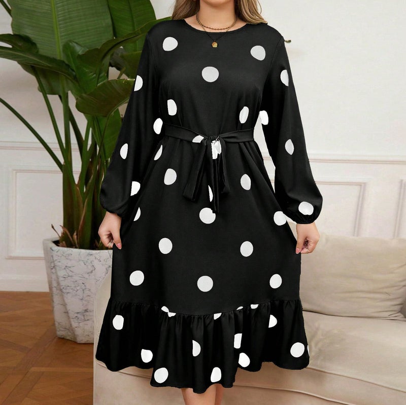 European and American foreign trade chubby girl long sleeve wave point slim dress Amazon AliExpress lace-up hem lotus leaf dress Black - Image 1