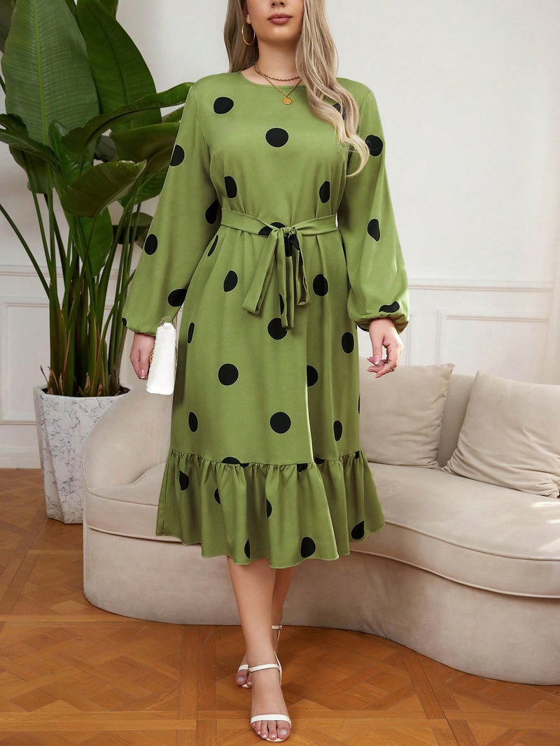 European and American foreign trade chubby girl long sleeve wave point slim dress Amazon AliExpress lace-up hem lotus leaf dress Black - Image 2