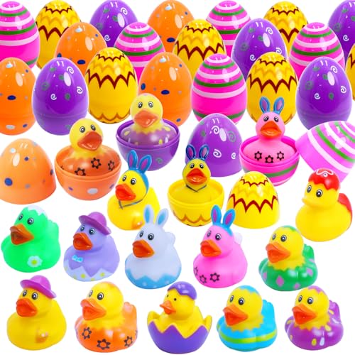 Yomwet 24 Pcs Easter Eggs with Rubber Duck Toys for Kids Colorful Easter Eggs Filled with Assorted Bunny Rabbit Duckies for Fun Rubber Bath Toys Easter Basket Stuffers and Party Favors - Image 1