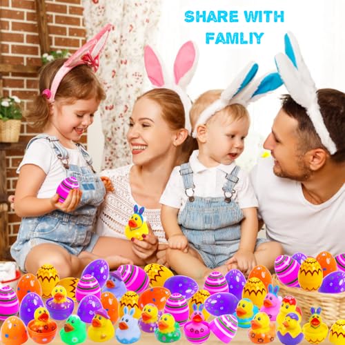 Yomwet 24 Pcs Easter Eggs with Rubber Duck Toys for Kids Colorful Easter Eggs Filled with Assorted Bunny Rabbit Duckies for Fun Rubber Bath Toys Easter Basket Stuffers and Party Favors - Image 5