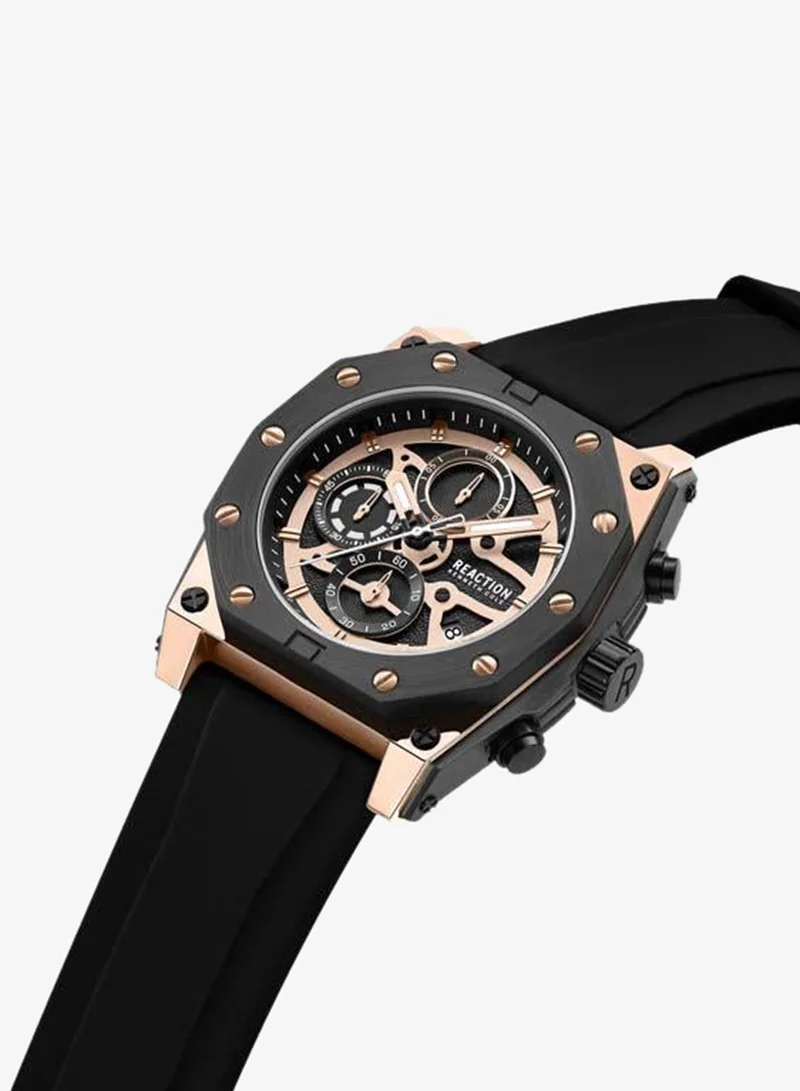 Kenneth Cole Reaction Rose Gold Dial Black Silicone Strap Chronograph Watch for Men, 52.4mm