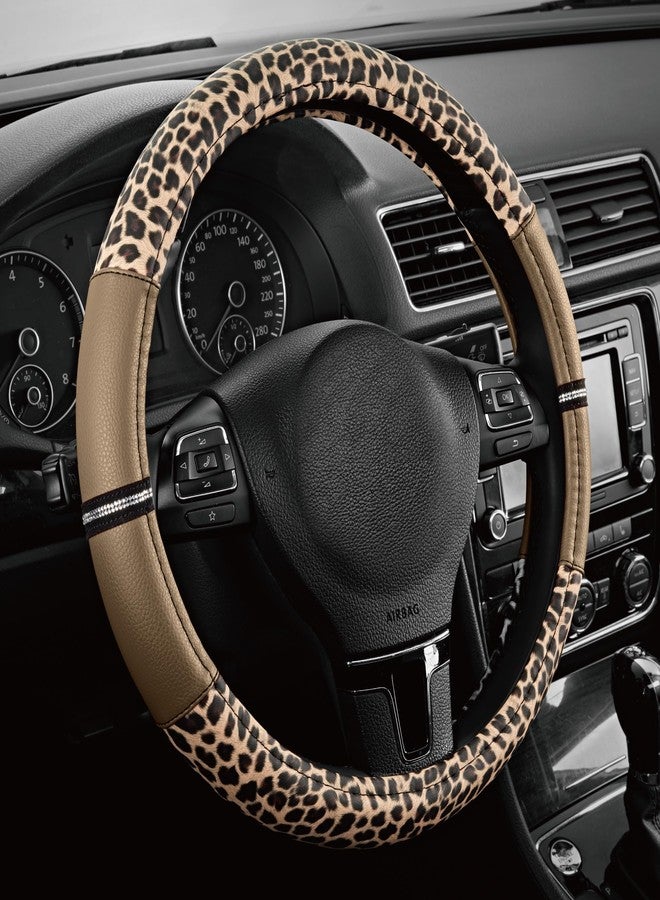 Road Comforts Leopard Steering Wheel Cover - Made with PVC Leather Cheetah Print - Anti-Slip, Universal Fit 14 1/2 inches to 15 inches - Beige - Image 1