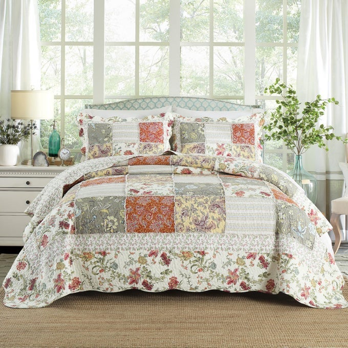 3PIECE QUILT SET QUEEN SIZE QUILTED BEDSPREAD REVERSIBLE COUNTRY STYLE FLORAL REAL PATCHWORK BEDDING QUILT SET WITH RUFFLES WITH PILLOWCASES FOR ALL SEASONS 98 90 INCHES