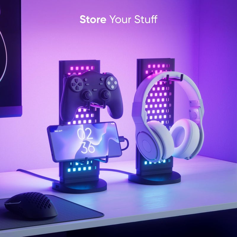 نانوليف حامل مكتب Pegboard – محور مكتب ثلاثي الوظائف مع إضاءة LED مزدوجة الجوانب، شحن USB-A وUSB-C، تخزين لوحة Pegboard بطول 950 مم، 50 لومن، 64 مصباح RGB LED، يعمل مع تطبيق لسطح المكتب (ويندوز وماك) - Image 4