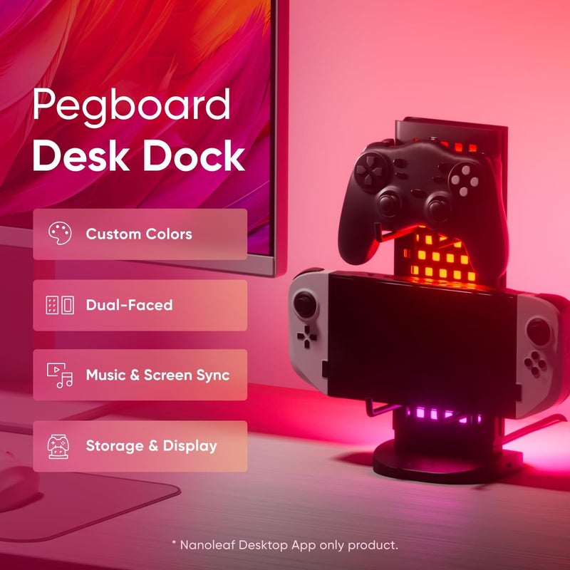 نانوليف حامل مكتب Pegboard – محور مكتب ثلاثي الوظائف مع إضاءة LED مزدوجة الجوانب، شحن USB-A وUSB-C، تخزين لوحة Pegboard بطول 950 مم، 50 لومن، 64 مصباح RGB LED، يعمل مع تطبيق لسطح المكتب (ويندوز وماك) - Image 2