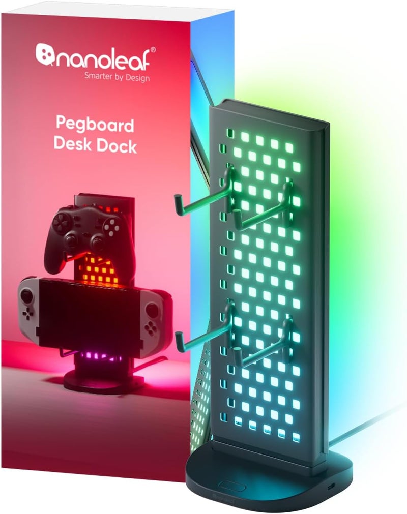 نانوليف حامل مكتب Pegboard – محور مكتب ثلاثي الوظائف مع إضاءة LED مزدوجة الجوانب، شحن USB-A وUSB-C، تخزين لوحة Pegboard بطول 950 مم، 50 لومن، 64 مصباح RGB LED، يعمل مع تطبيق لسطح المكتب (ويندوز وماك) - Image 1